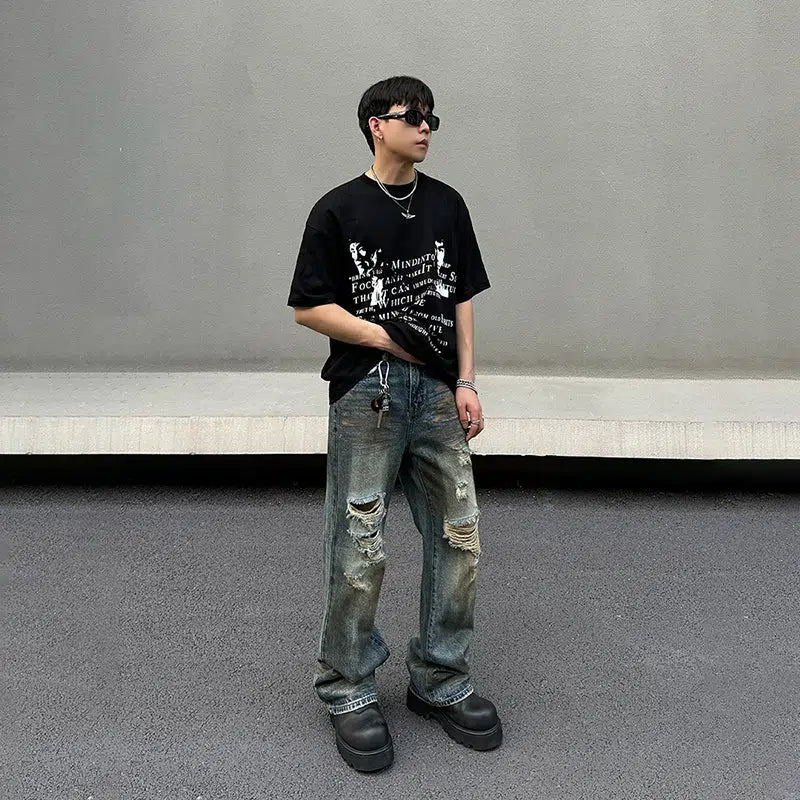 Distressed Wide-Leg Denim Jeans