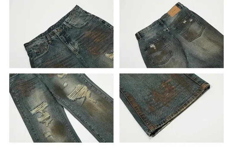 Distressed Wide-Leg Denim Jeans