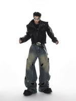 Heavy Distressed Wide-Leg Jeans