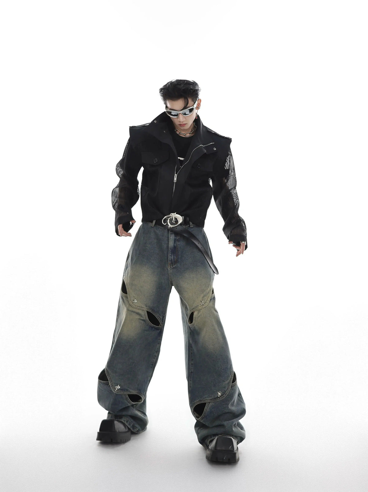 Heavy Distressed Wide-Leg Jeans