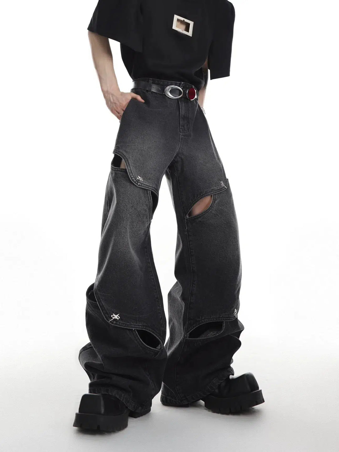 Heavy Distressed Wide-Leg Jeans