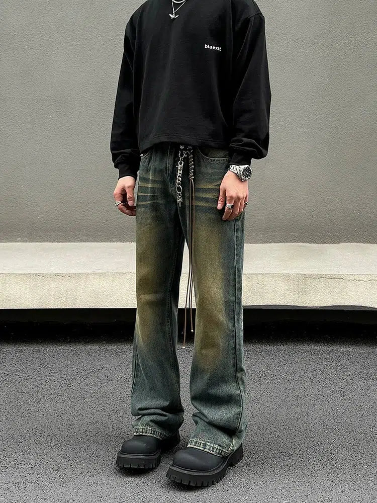 Distressed Yellow Mud Dye Straight Jeans