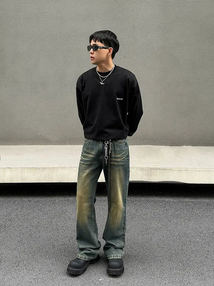 Distressed Yellow Mud Dye Straight Jeans