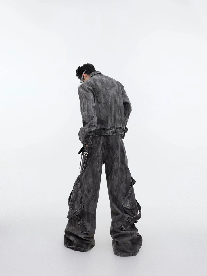 Distressed Zipper Denim Jacket Pants Set