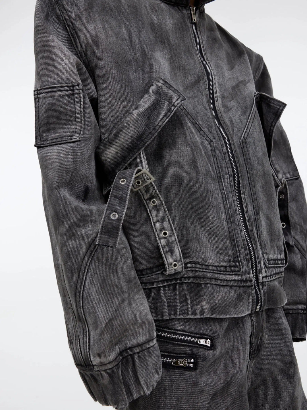 Distressed Zipper Denim Jacket Pants Set