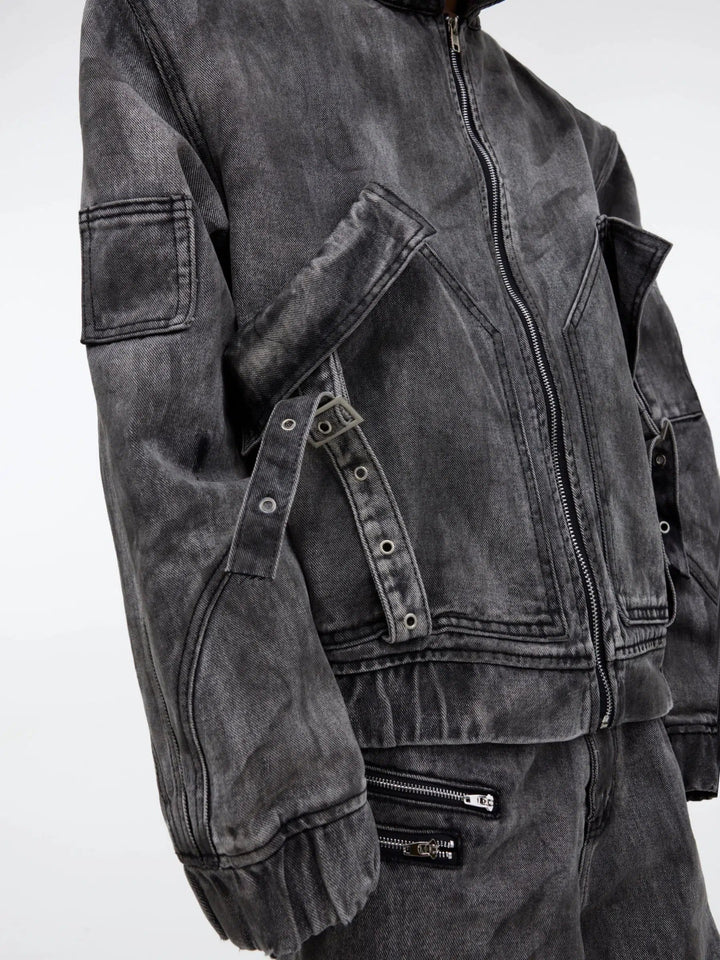 Distressed Zipper Denim Jacket Pants Set