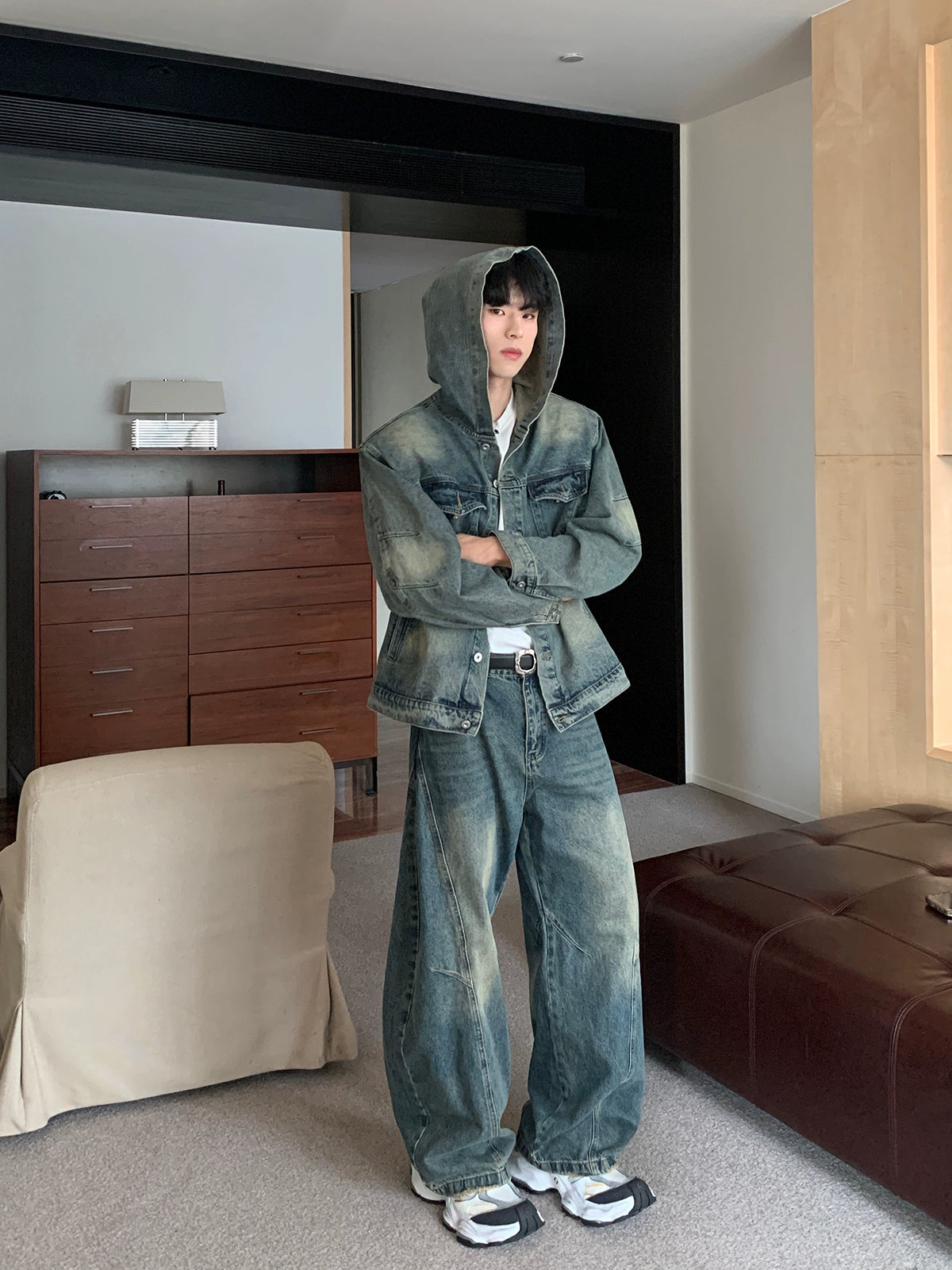 Distressed Zipper Hooded Denim Jacket Pants Suit