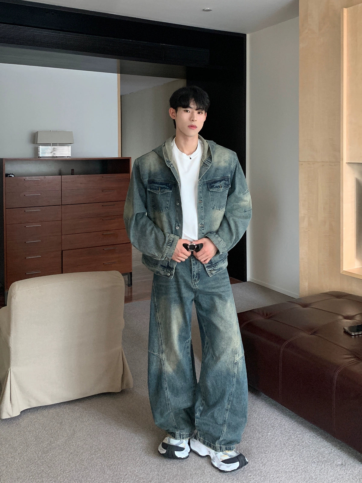 Distressed Zipper Hooded Denim Jacket Pants Suit