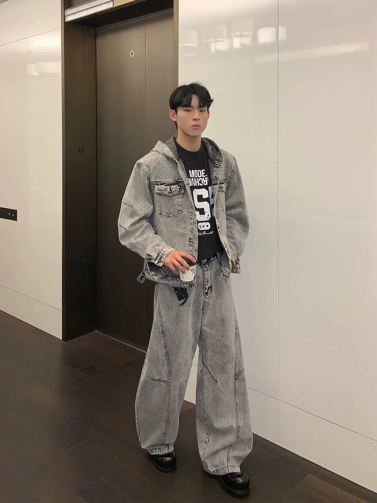 Distressed Zipper Hooded Denim Jacket Pants Suit