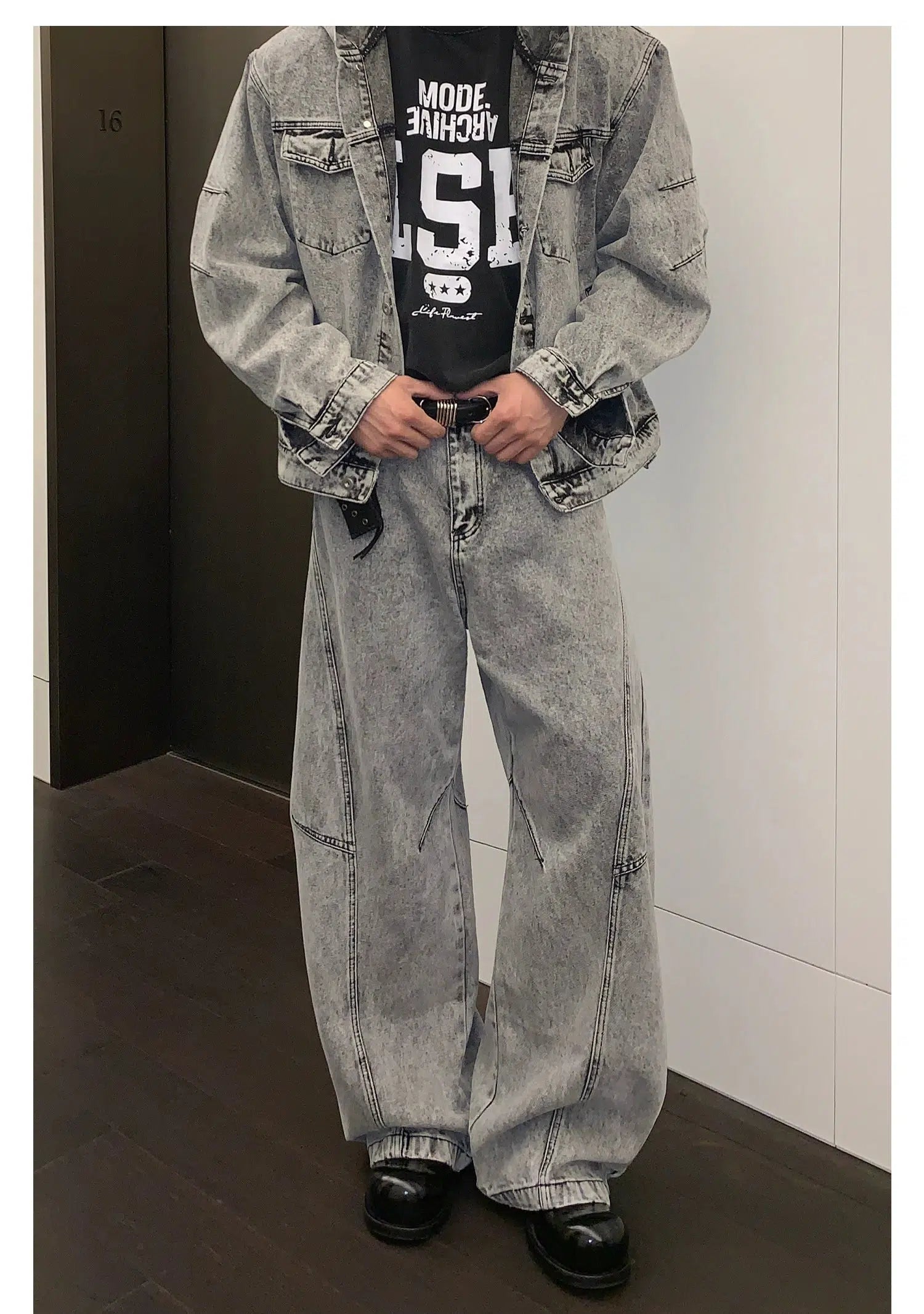 Distressed Zipper Hooded Denim Jacket Pants Suit