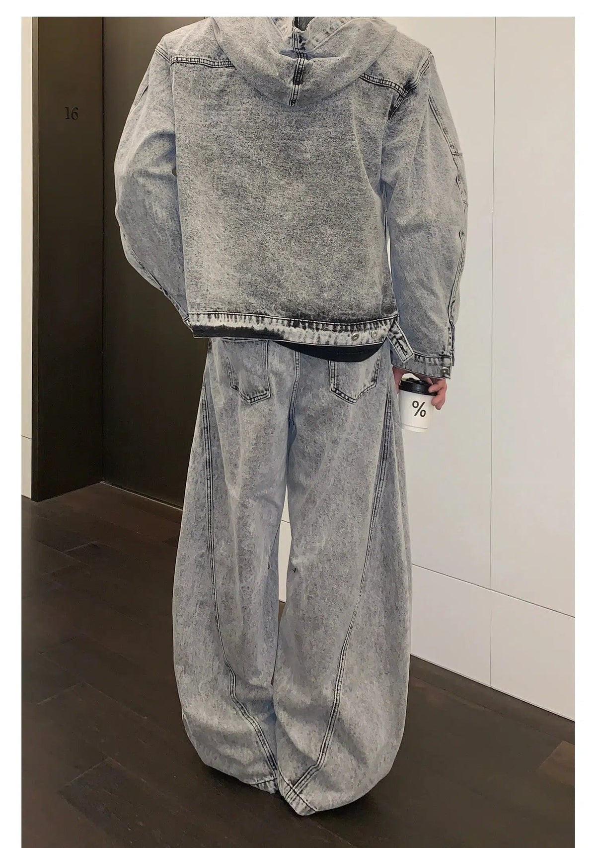 Distressed Zipper Hooded Denim Jacket Pants Suit