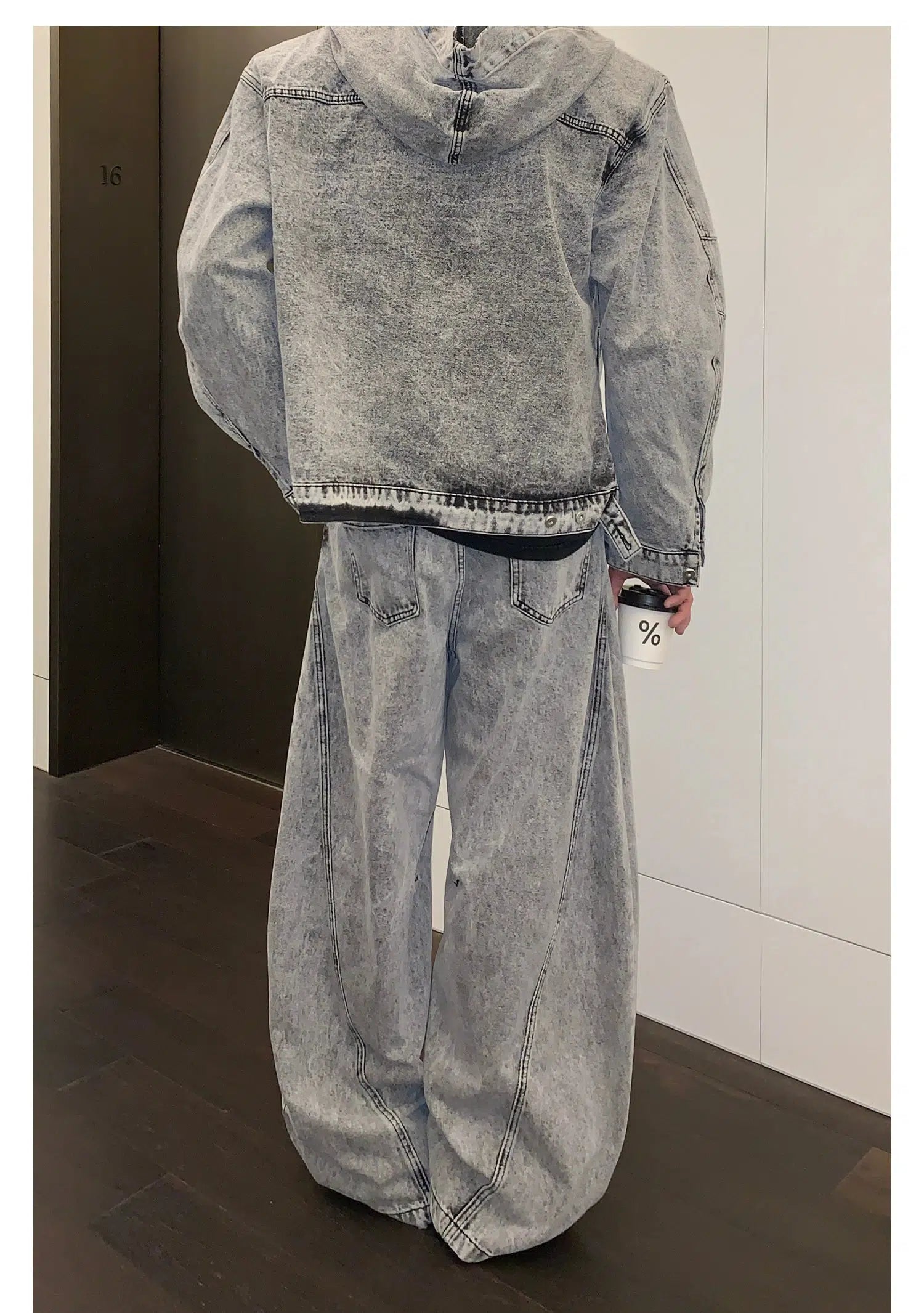 Distressed Zipper Hooded Denim Jacket Pants Suit