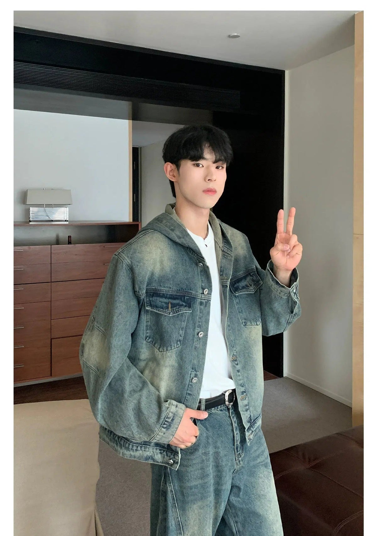 Distressed Zipper Hooded Denim Jacket Pants Suit