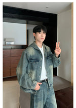 Distressed Zipper Hooded Denim Jacket Pants Suit