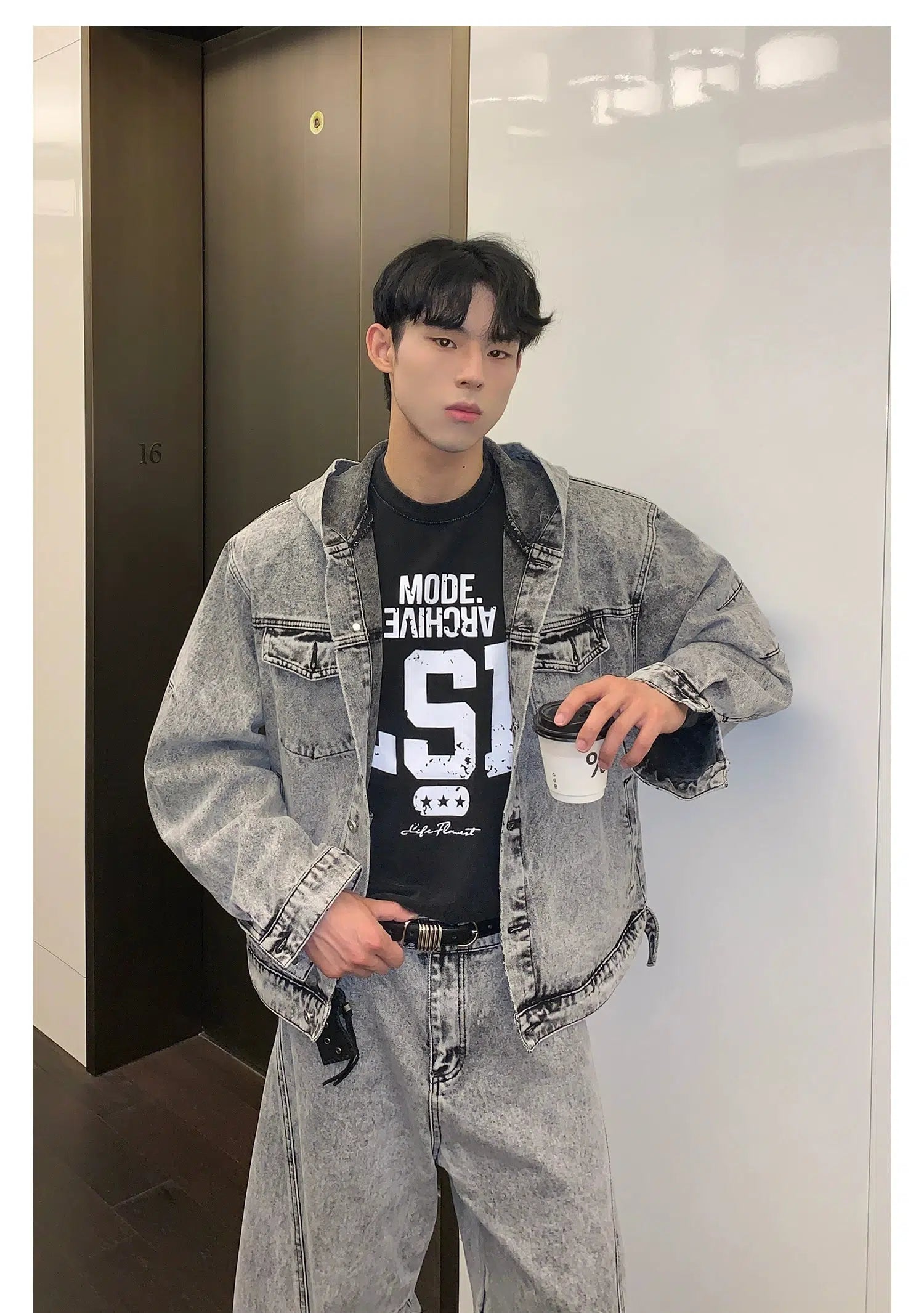 Distressed Zipper Hooded Denim Jacket Pants Suit