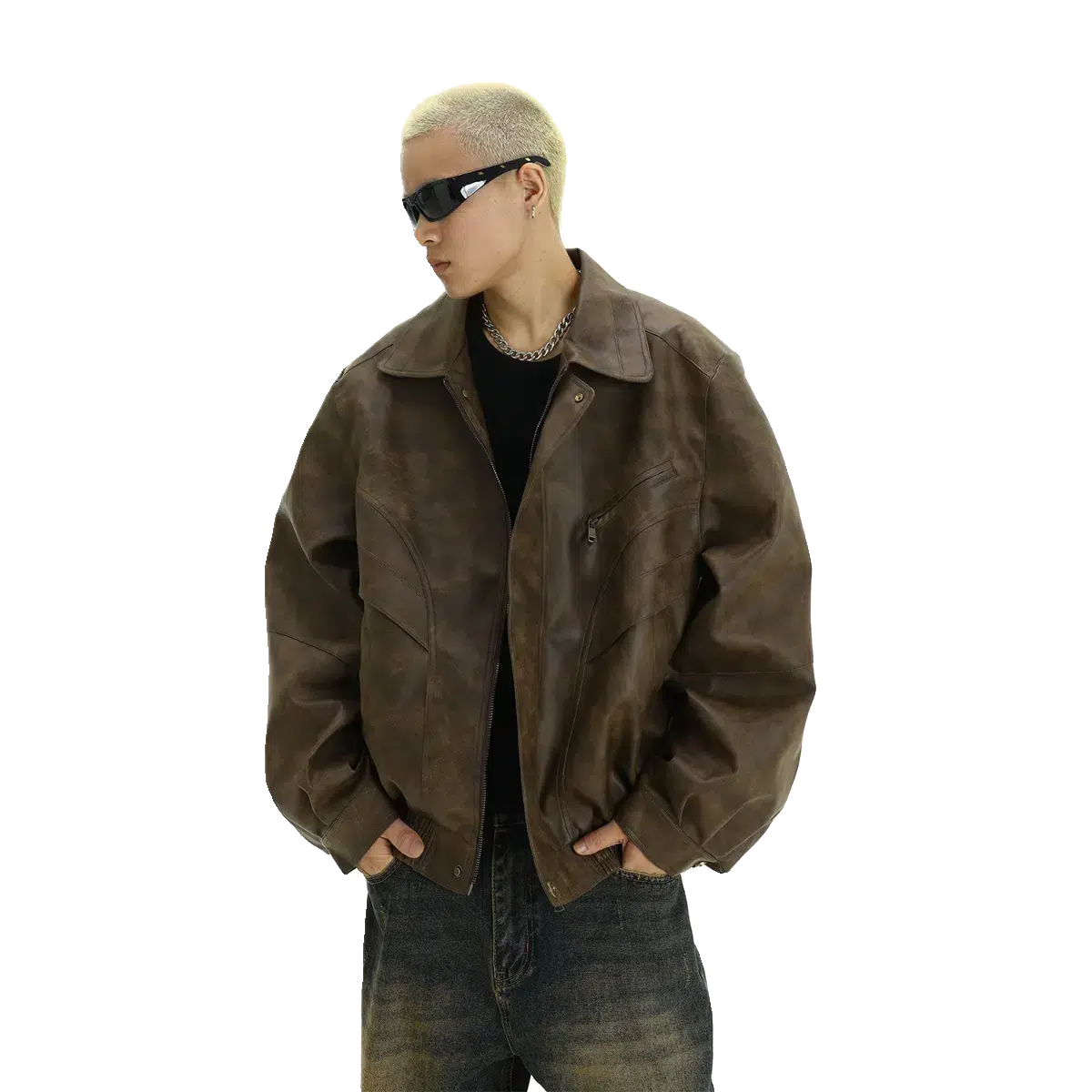 Distressed Zipper Leather Jacket