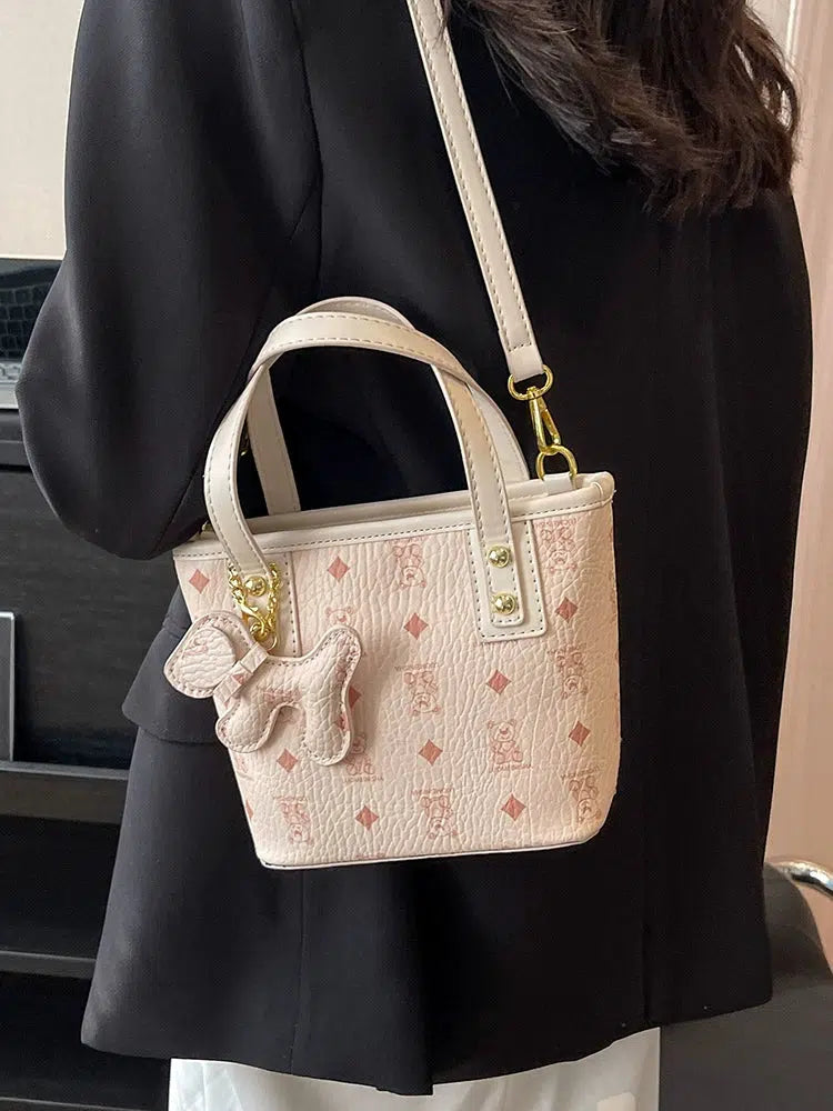Dog Charm Patterned Bucket Bag