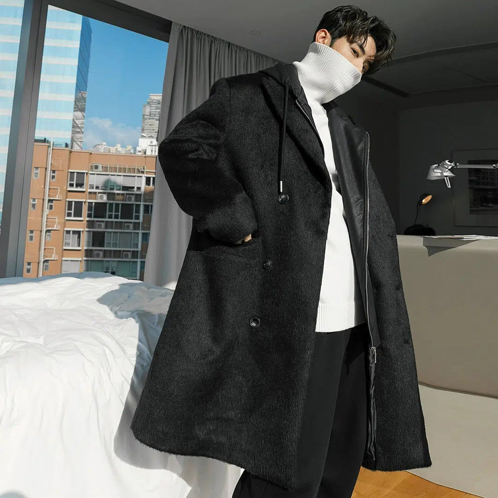Double Breasted Hooded Wool Coat