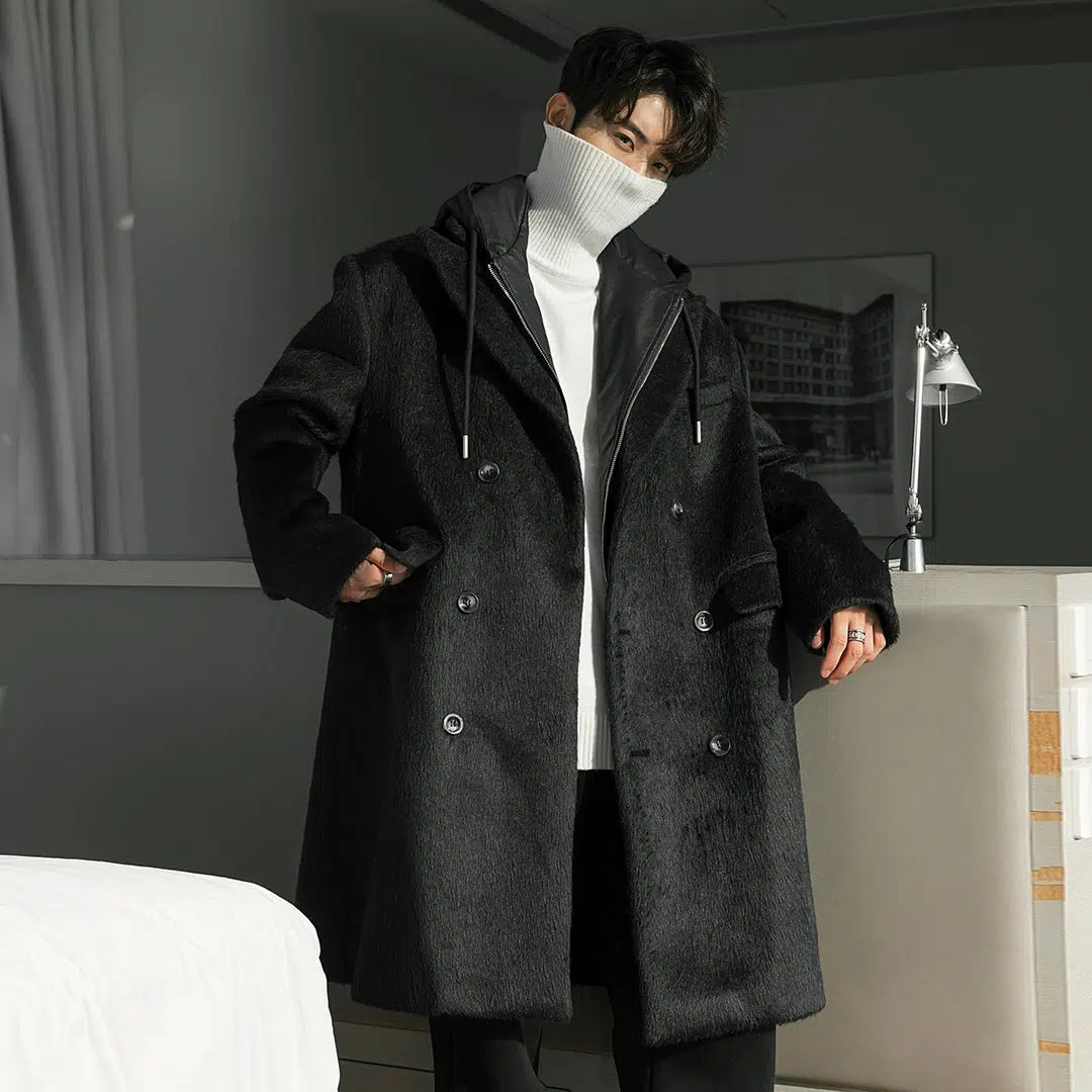 Double Breasted Hooded Wool Coat