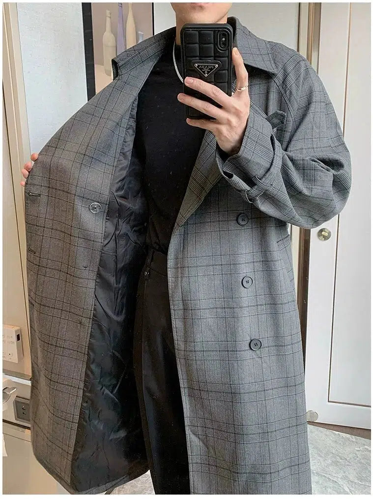 Double-Breasted Plaid Trench Coat