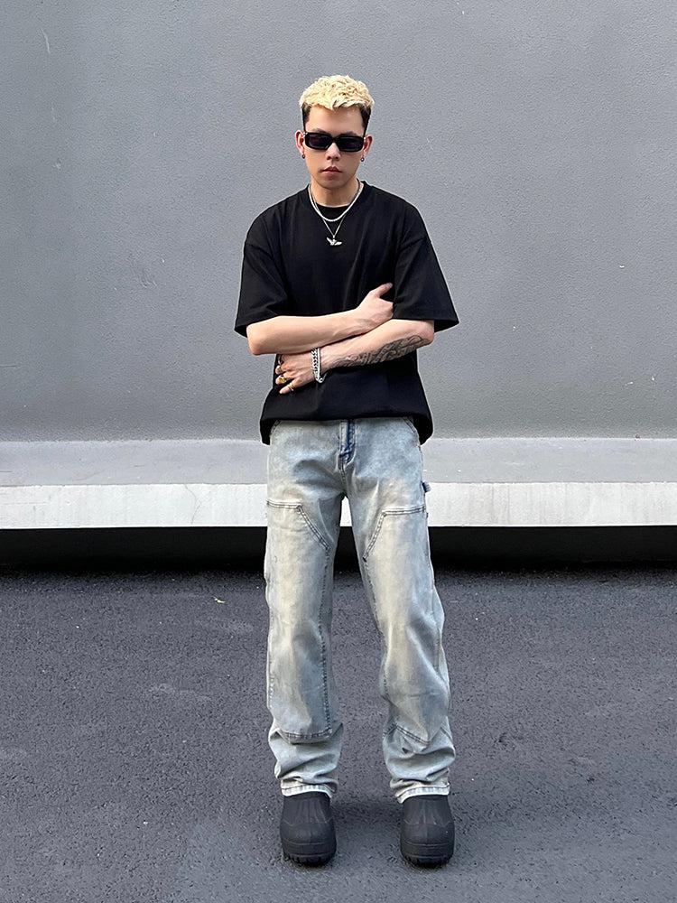 Double Knee Blue Straight Leg Jeans