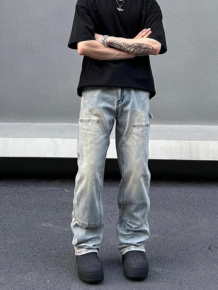 Double Knee Blue Straight Leg Jeans