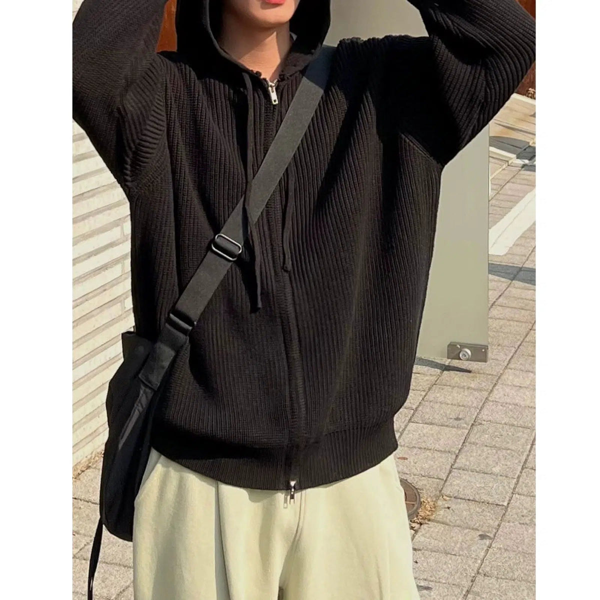 Double Zipper Hooded Pleated Sweater