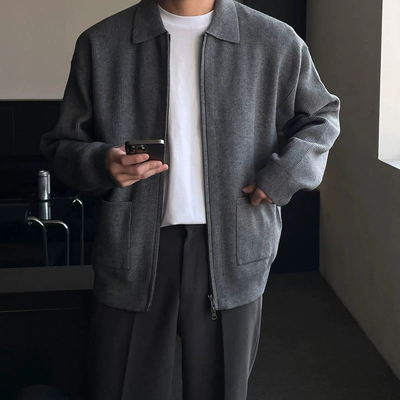 Double Zipper Lapel Knitted Cardigan