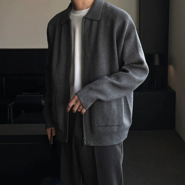 Double Zipper Lapel Knitted Cardigan