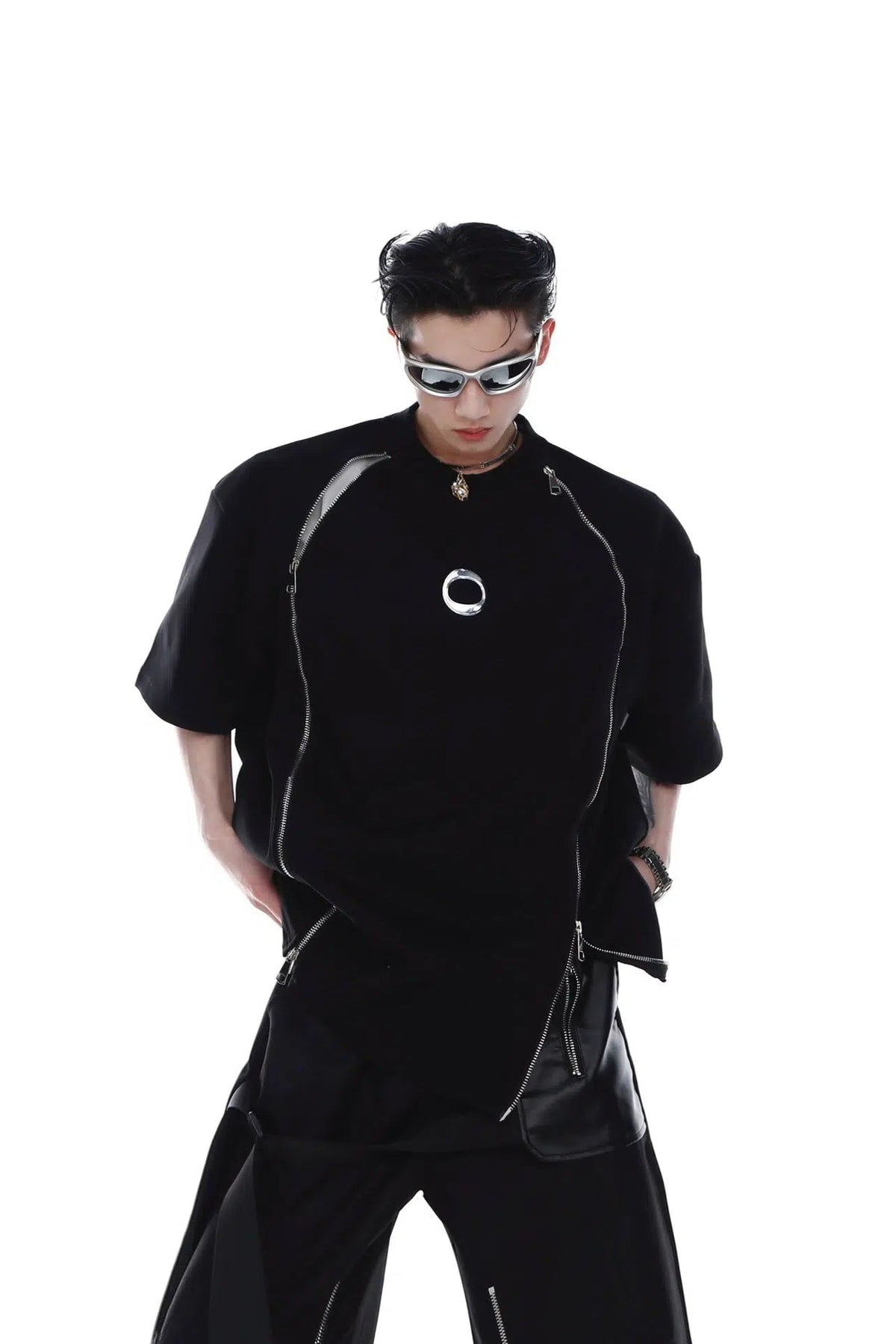 Double Zipper Shoulder Pad T-shirt