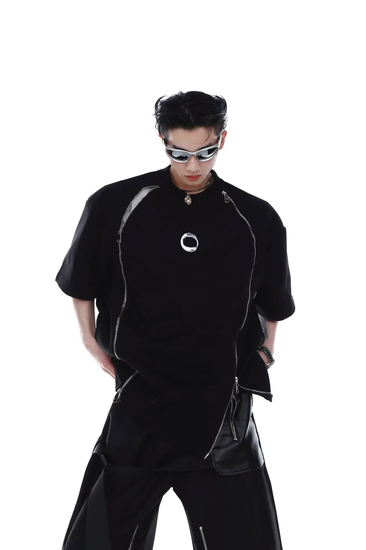 Double Zipper Shoulder Pad T-shirt