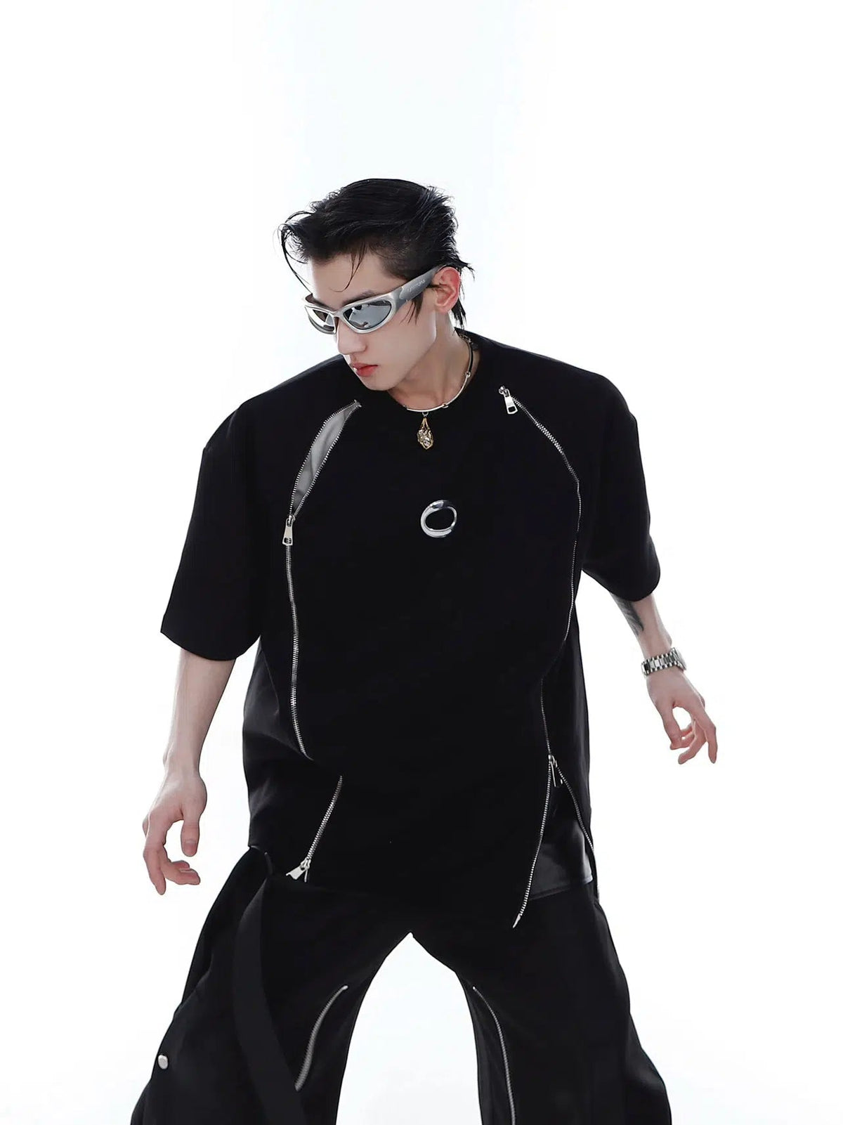 Double Zipper Shoulder Pad T-shirt