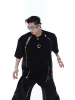 Double Zipper Shoulder Pad T-shirt