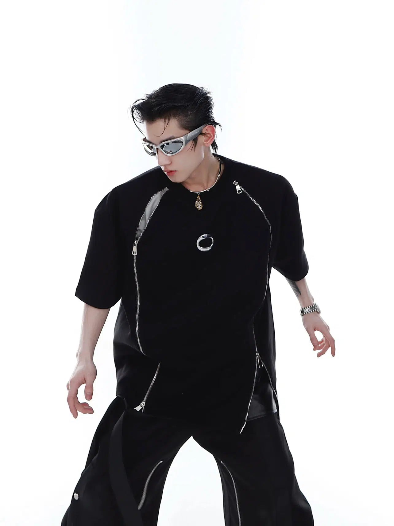 Double Zipper Shoulder Pad T-shirt