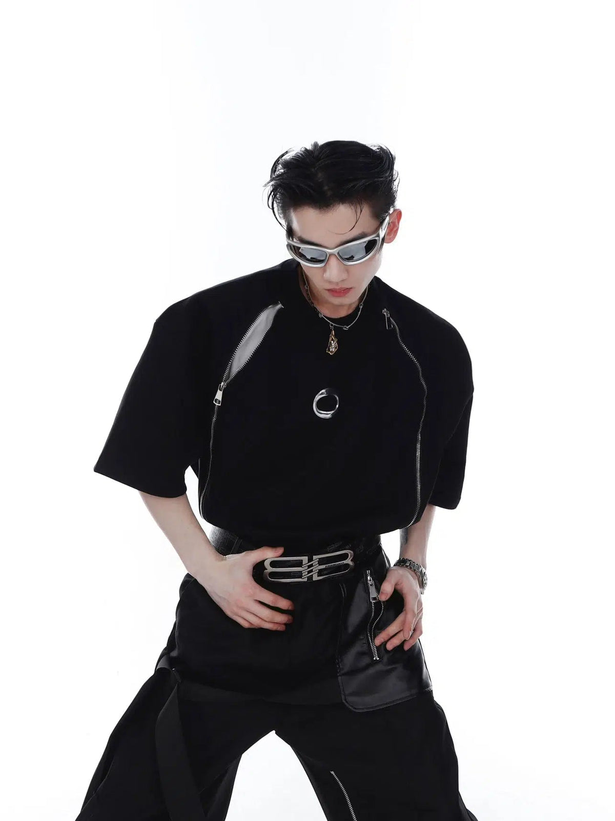 Double Zipper Shoulder Pad T-shirt