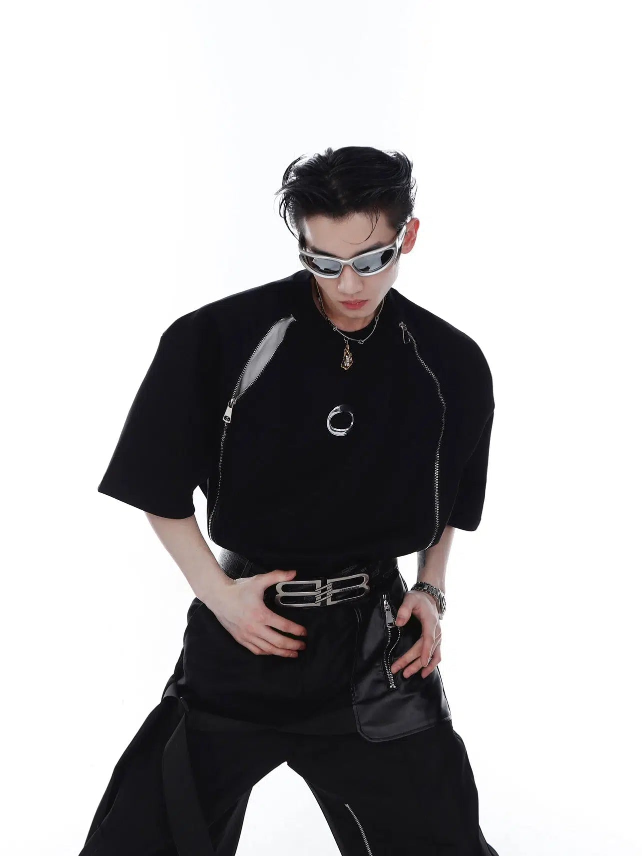 Double Zipper Shoulder Pad T-shirt