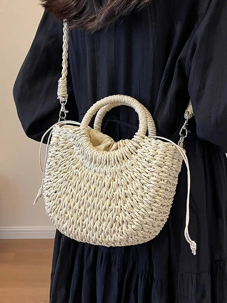 Drawstring Closure Woven Straw Handbag