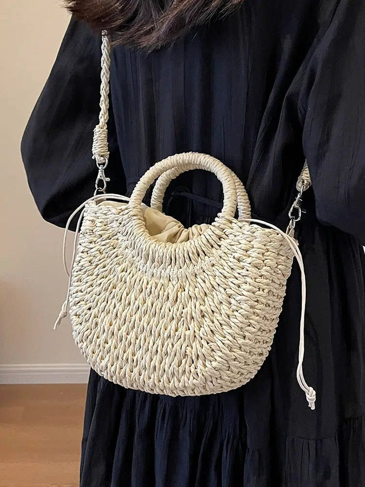 Drawstring Closure Woven Straw Handbag