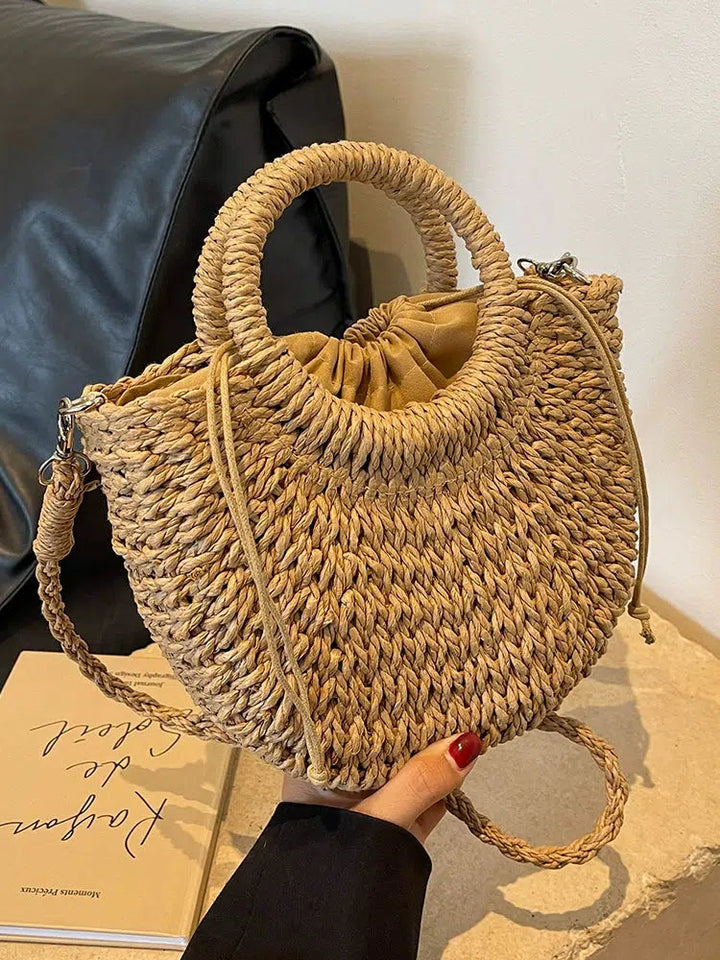 Drawstring Closure Woven Straw Handbag