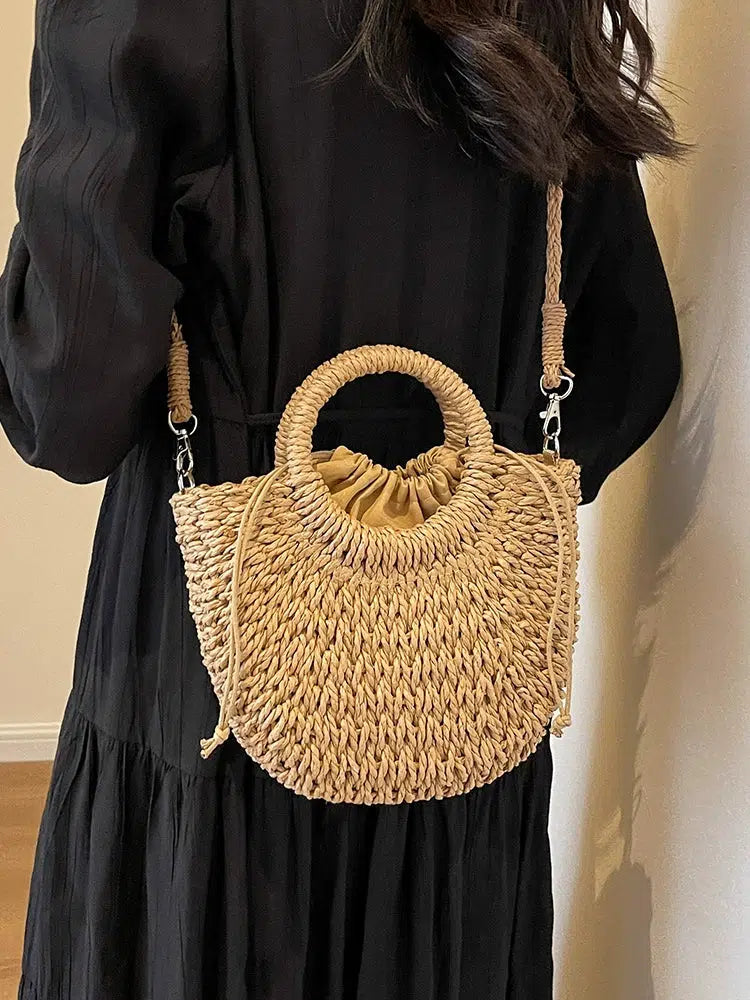Drawstring Closure Woven Straw Handbag