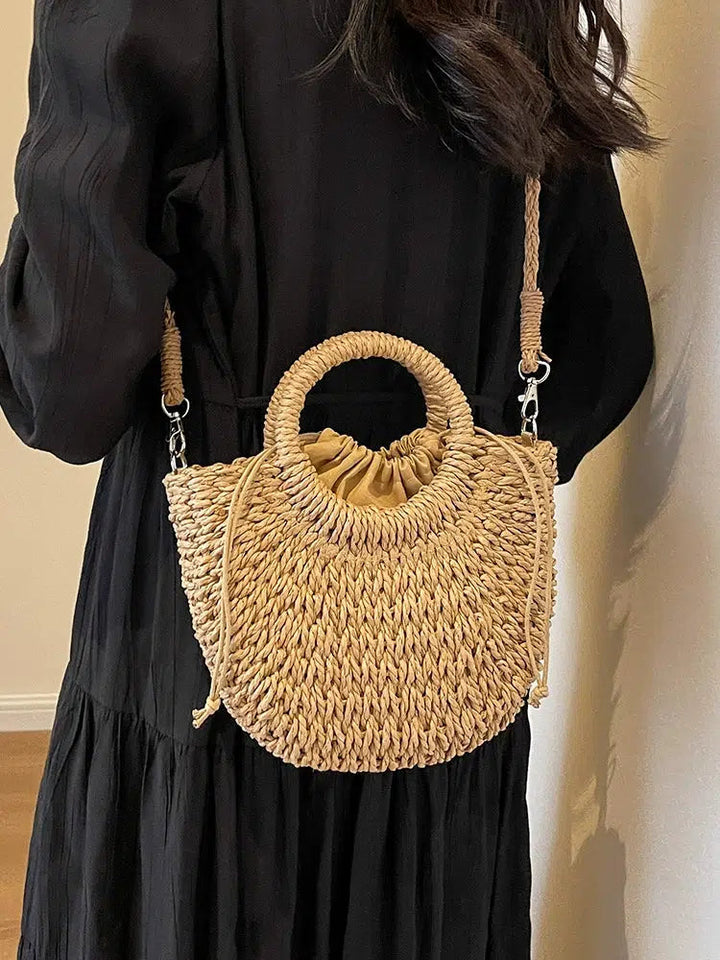Drawstring Closure Woven Straw Handbag