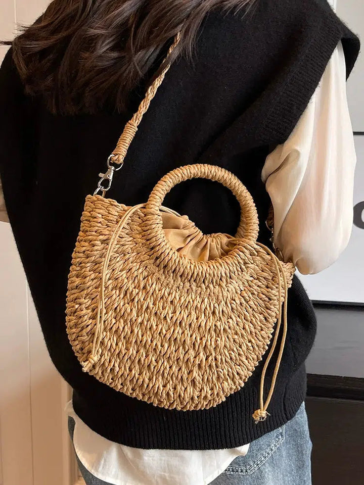 Drawstring Closure Woven Straw Handbag