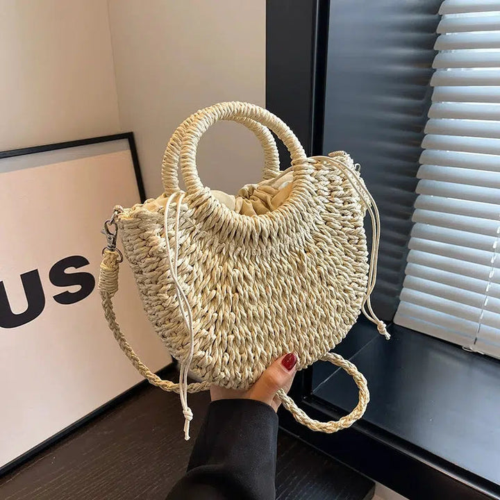 Drawstring Closure Woven Straw Handbag