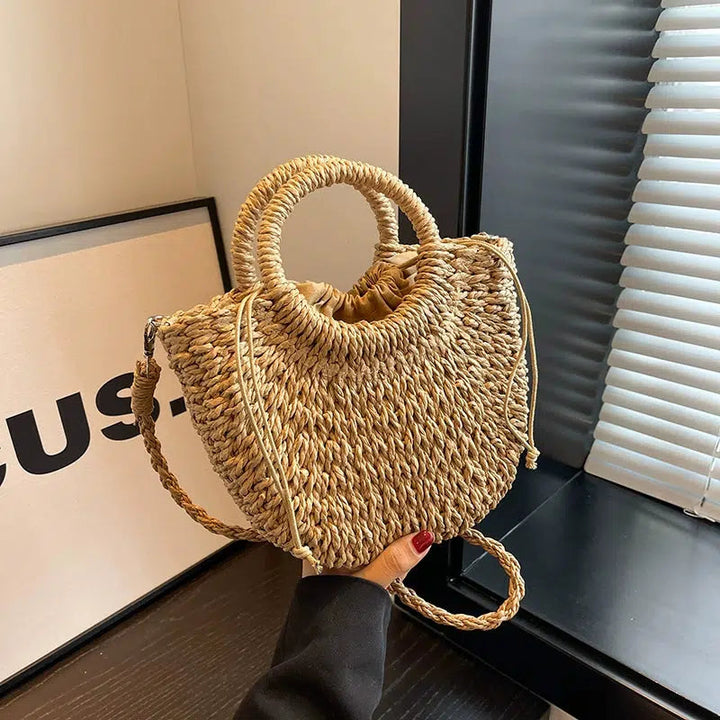 Drawstring Closure Woven Straw Handbag
