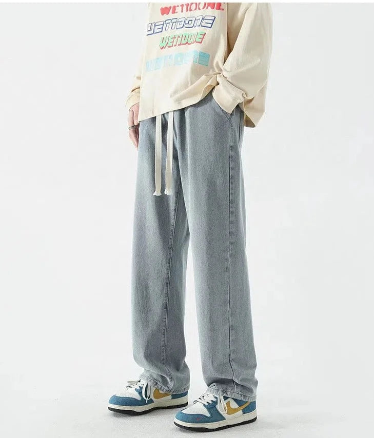 Drawstring Elastic Waist Straight Jeans