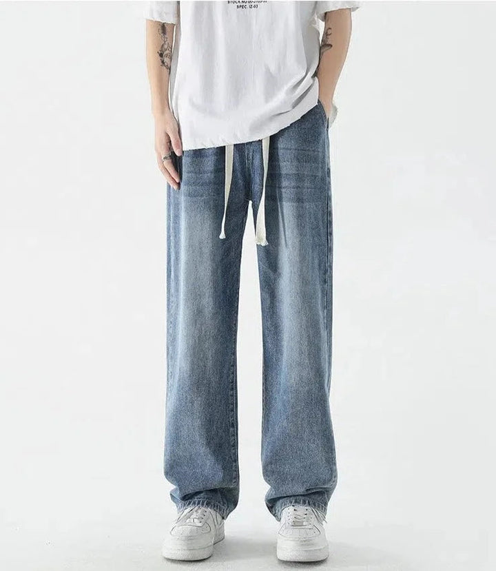 Drawstring Elastic Waist Straight Jeans