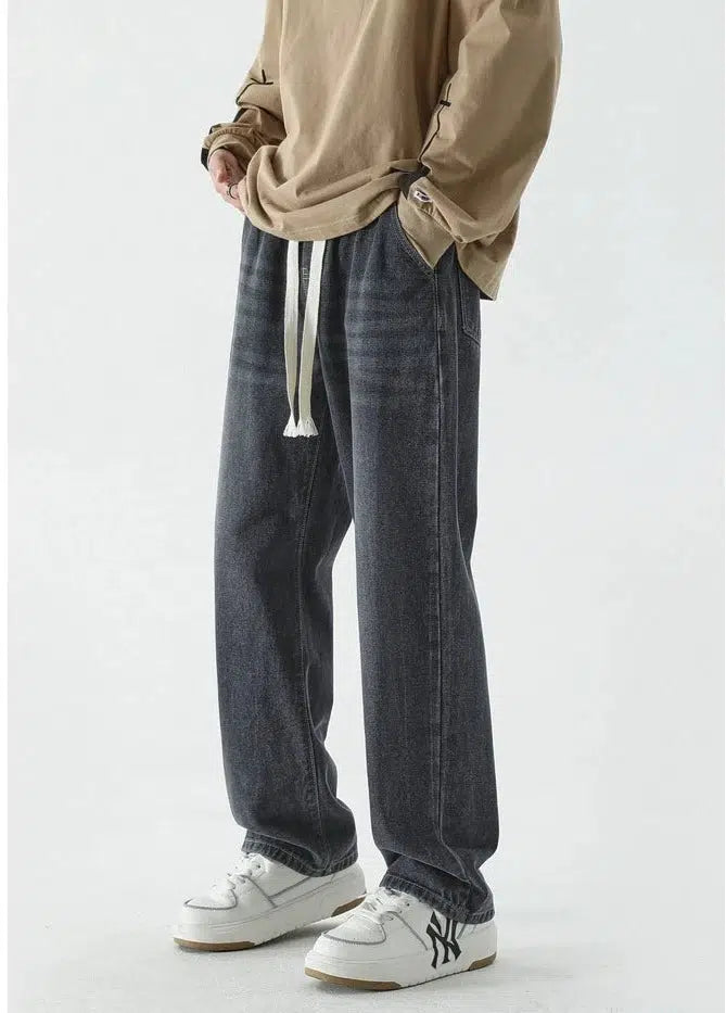 Drawstring Elastic Waist Straight Jeans