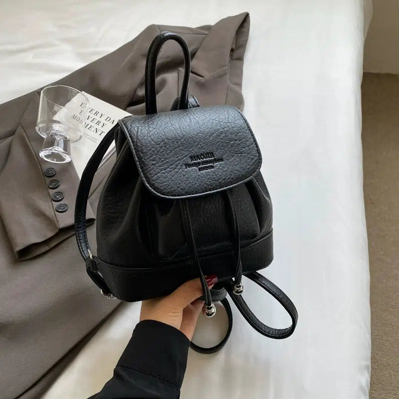 Drawstring Flap Closure Leather Backpack