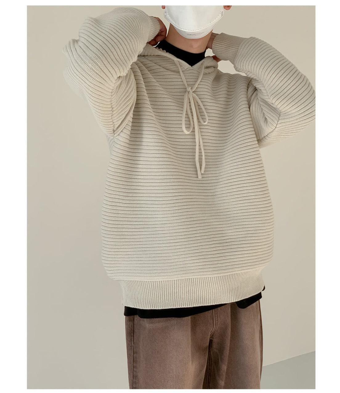 Drawstring Hooded Striped Drape Sweater