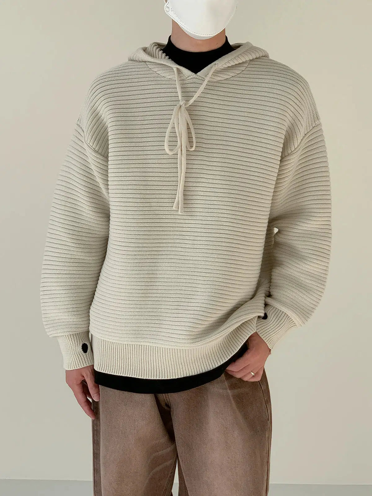 Drawstring Hooded Striped Drape Sweater